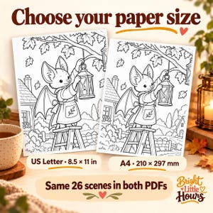Two cropped bat-and-lantern coloring prints labeled US Letter, 8.5 by 11 inches, and A4, 210 by 297 millimeters, with the same 26 scenes in both PDFs.