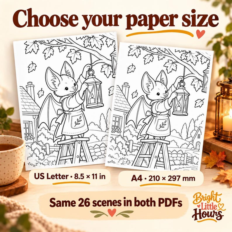 Two cropped bat-and-lantern coloring prints labeled US Letter, 8.5 by 11 inches, and A4, 210 by 297 millimeters, with the same 26 scenes in both PDFs.