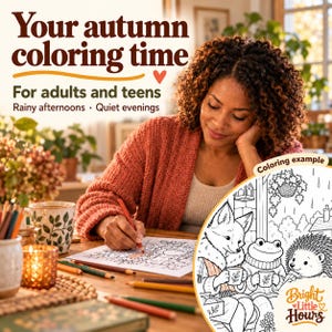 Adult woman coloring at a table, with a cropped preview of woodland neighbors sharing tea. The partially colored artwork is labeled Coloring example.