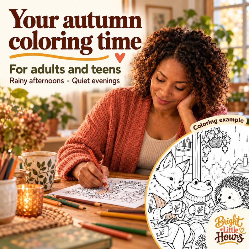 Adult woman coloring at a table, with a cropped preview of woodland neighbors sharing tea. The partially colored artwork is labeled Coloring example.