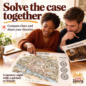 Two adults examine The Black Monk city map and a cropped watchtower illustration at a table. Text invites players to compare clues and share their theories.