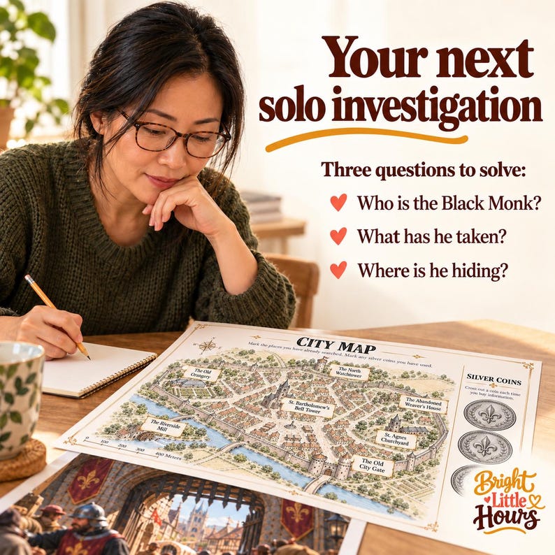 An adult investigates alone with a pencil, notebook, city map and cropped gate artwork. Text lists the three questions players must answer to solve the case.