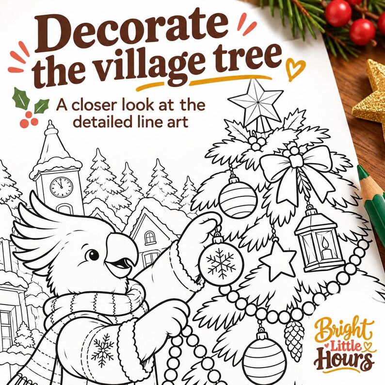 Close-up of a cockatoo hanging an ornament on a Christmas tree, showing the black-and-white line art, snowy village buildings and small festiv