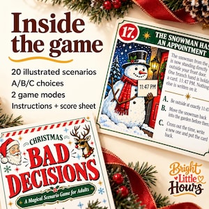 Contents of Christmas Bad Decisions: 20 illustrated A/B/C scenarios, two game modes, instructions and a score sheet, beside a snowman scenario preview.