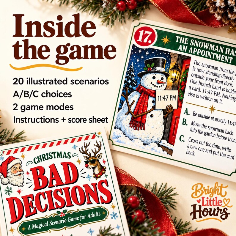 Contents of Christmas Bad Decisions: 20 illustrated A/B/C scenarios, two game modes, instructions and a score sheet, beside a snowman scenario preview.