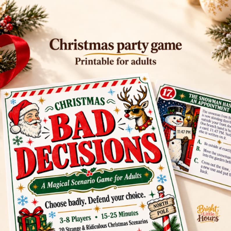 Christmas Bad Decisions printable party game for adults, with a red and green cover and snowman scenario preview on a cream background.