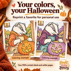Two labeled coloring examples of the same badger-and-pumpkin scene, in orange and olive, and plum and teal. Text explains personal-use reprinting and that the PDFs contain black-and-white pages.