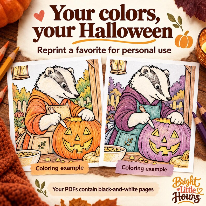 Two labeled coloring examples of the same badger-and-pumpkin scene, in orange and olive, and plum and teal. Text explains personal-use reprinting and that the PDFs contain black-and-white pages.