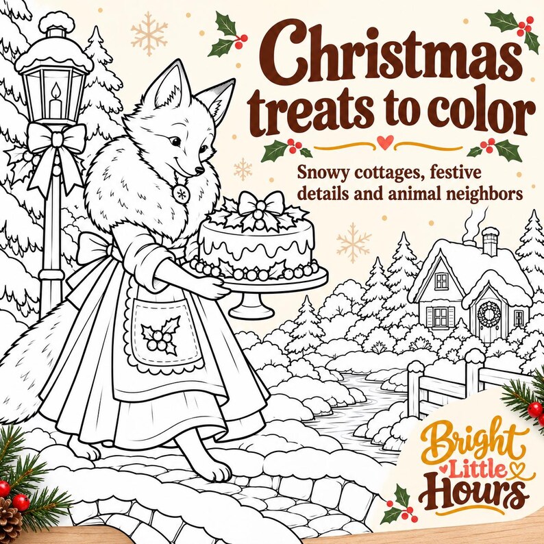 A fox carries a decorated Christmas cake through a snowy village, shown as a black-and-white coloring preview.