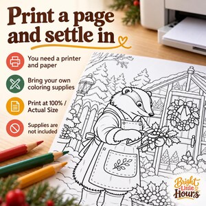 Printed badger coloring preview with pencils and a printer, explaining the paper and supplies needed and printing at 100 percent or Actual Size.