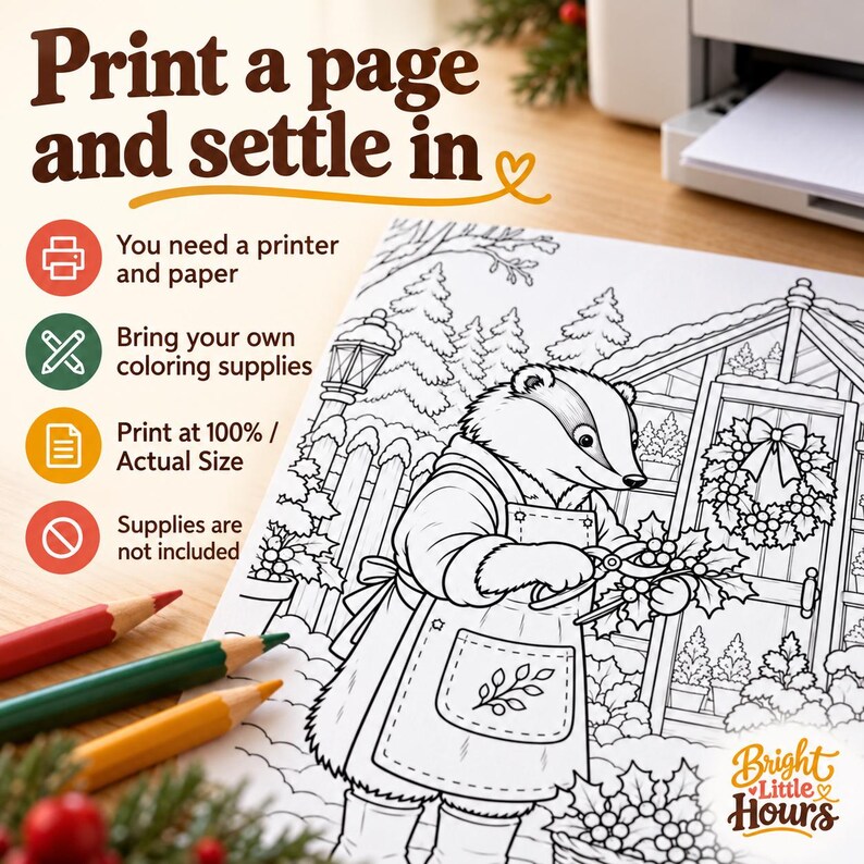 Printed badger coloring preview with pencils and a printer, explaining the paper and supplies needed and printing at 100 percent or Actual Size.