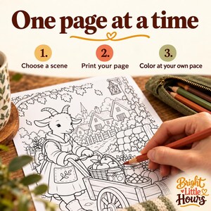Hand holding a colored pencil over a cropped harvest-cart coloring print. Three steps: choose a scene, print your page and color at your own pace.