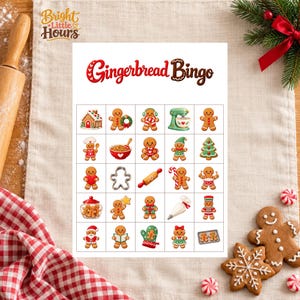 Könnte beinhalten: Eine Gingerbread Bingo Spielkarte mit dem Titel in roter und brauner Schrift sowie einem 5x5 Raster aus Illustrationen, darunter Lebkuchenmänner, ein Haus, ein Mixer, ein Nudelholz, ein Spritzbeutel und weihnachtliche Leckereien.