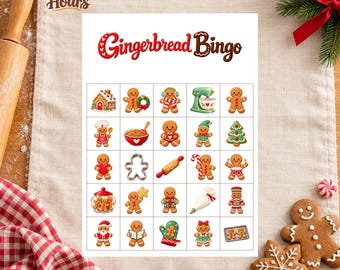 May include: A Gingerbread Bingo game card featuring the title in red and brown text, with a 5x5 grid of illustrations including gingerbread people, a house, a mixer, a rolling pin, a piping bag, and holiday treats on a white background.