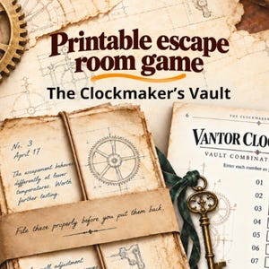 Printable escape room kit for family game night: The Clockmaker's Vault, 9 puzzles for teens and adults, A4 & US Letter PDF