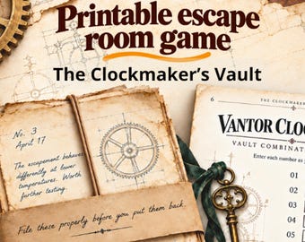 Printable escape room kit for family game night: The Clockmaker's Vault, 9 puzzles for teens and adults, A4 & US Letter PDF