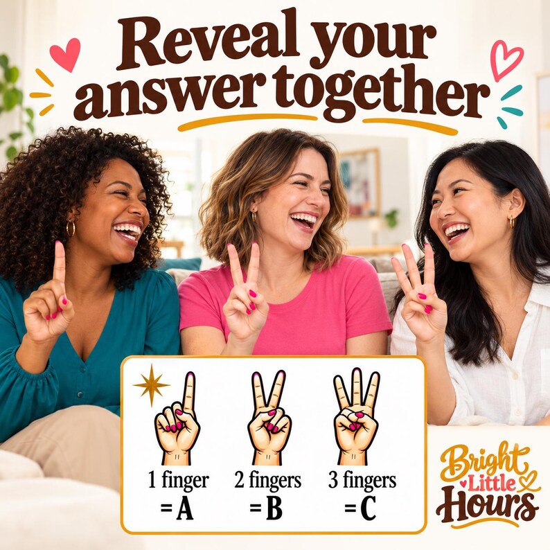 Three smiling women hold up one, two and three fingers. The heading says Reveal your answer together, with illustrated hands showing one finger for A, two for B and three for C.