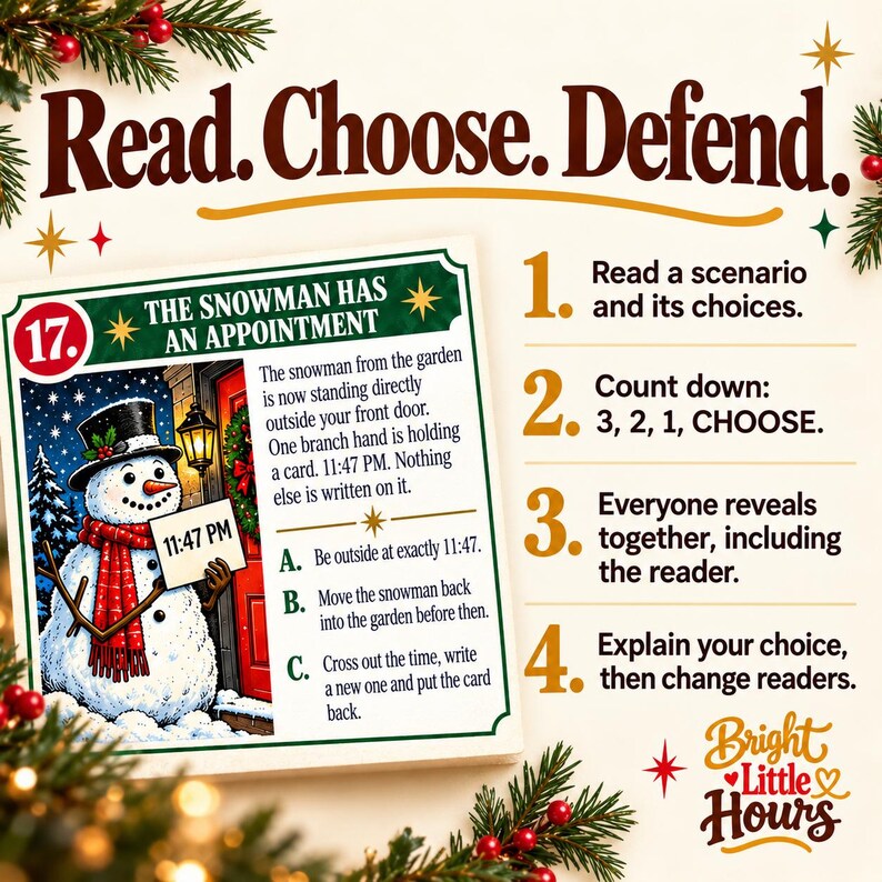 Four steps for Christmas Bad Decisions: read a scenario, count down, reveal answers together including the reader, then explain choices and change readers.