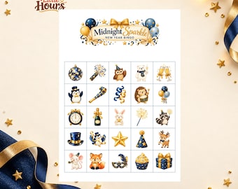 May include: A Midnight Sparkle New Year Bingo game card featuring a grid of 25 illustrations including animals, party hats, clocks, and champagne, with a gold and blue color scheme and the text Midnight Sparkle New Year Bingo.