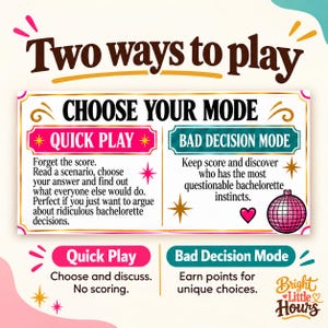 Cream, pink and teal graphic comparing two Bad Decisions game modes. Quick Play means choosing and discussing without scoring; Bad Decision Mode awards points for unique choices.