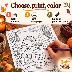 Hand holding a purple pencil over a black-and-white coloring print of a badger carving a pumpkin. Three steps: pick a scene, print your page and color at your own pace.