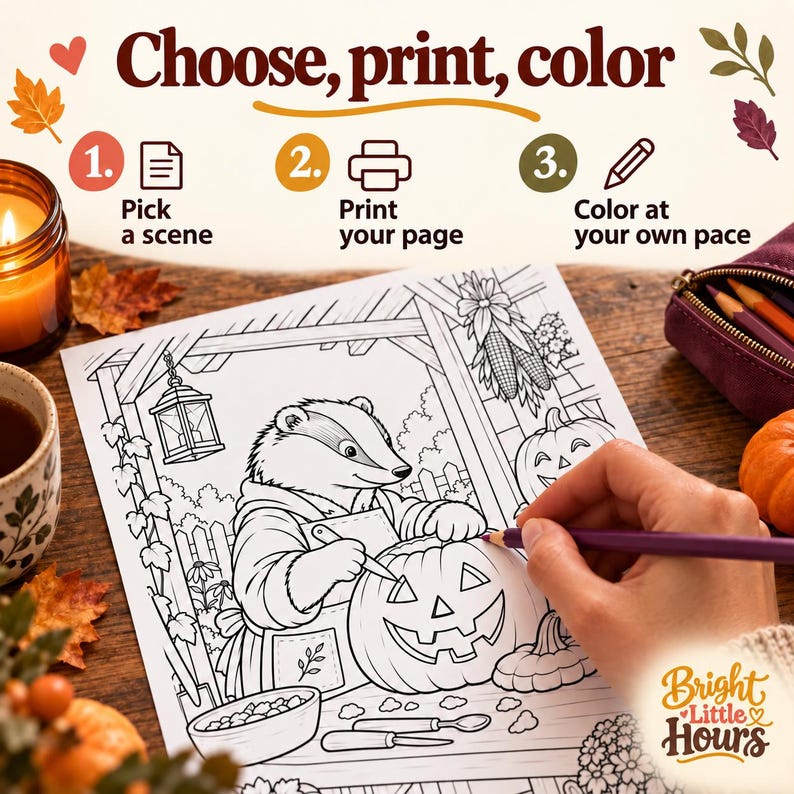Hand holding a purple pencil over a black-and-white coloring print of a badger carving a pumpkin. Three steps: pick a scene, print your page and color at your own pace.
