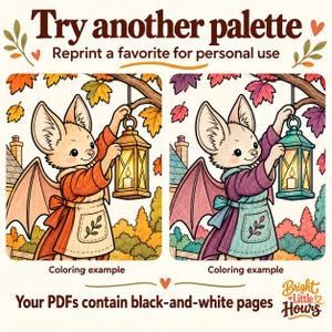 Two labeled coloring examples of the same bat-and-lantern scene in autumn orange and olive, and plum and teal. The PDFs contain black-and-white pages and may be reprinted for personal use.