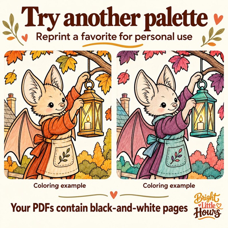 Two labeled coloring examples of the same bat-and-lantern scene in autumn orange and olive, and plum and teal. The PDFs contain black-and-white pages and may be reprinted for personal use.