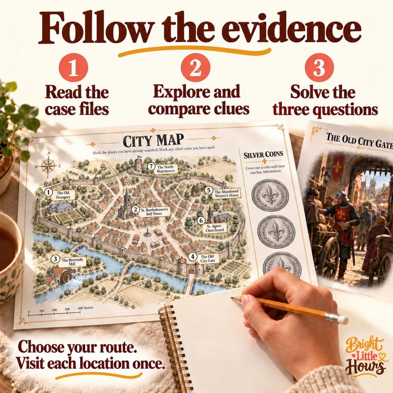 A city map, cropped gate illustration and hand holding a pencil beside three investigation steps. Text explains that players choose their route and visit each location once.
