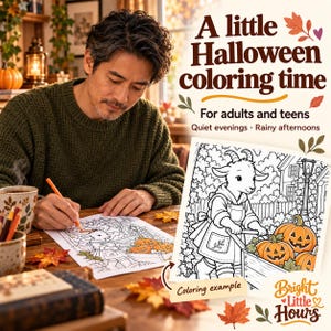 Adult man coloring at a table, beside a cropped preview of a goat pushing a pumpkin cart. Some pumpkins are colored orange and the preview is labeled Coloring example.