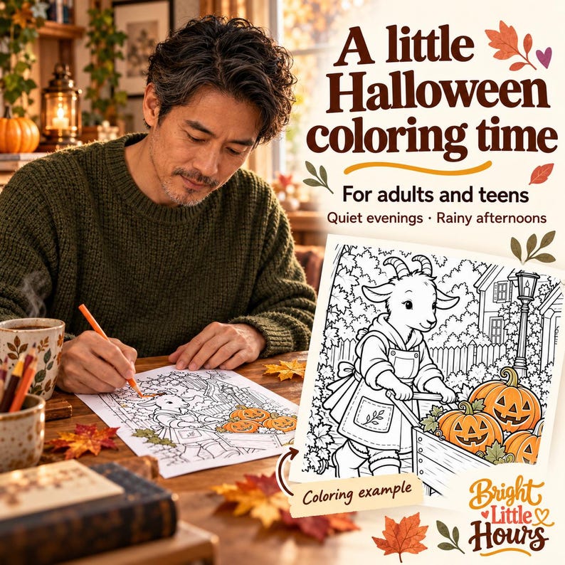 Adult man coloring at a table, beside a cropped preview of a goat pushing a pumpkin cart. Some pumpkins are colored orange and the preview is labeled Coloring example.