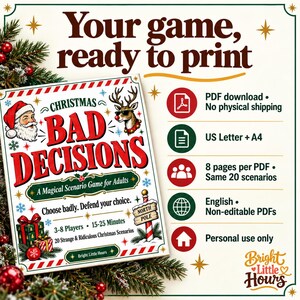 Christmas Bad Decisions cover beside download details: US Letter and A4 PDFs, eight pages each, the same twenty scenarios, English and personal use only.