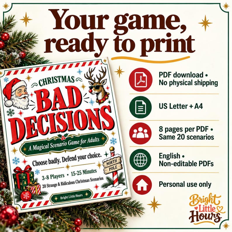 Christmas Bad Decisions cover beside download details: US Letter and A4 PDFs, eight pages each, the same twenty scenarios, English and personal use only.