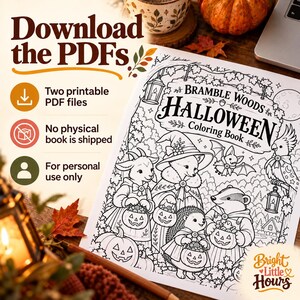Bramble Woods Halloween cover print beside a laptop and autumn props. Text states two printable PDF files, no physical book is shipped and personal use only.