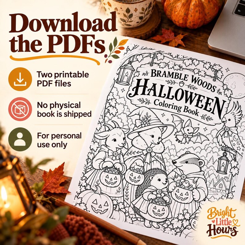 Bramble Woods Halloween cover print beside a laptop and autumn props. Text states two printable PDF files, no physical book is shipped and personal use only.