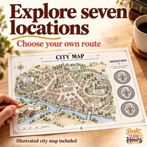 The illustrated city map shows seven numbered investigation locations and three printed silver coins. A hand points toward the riverside mill with a pencil.