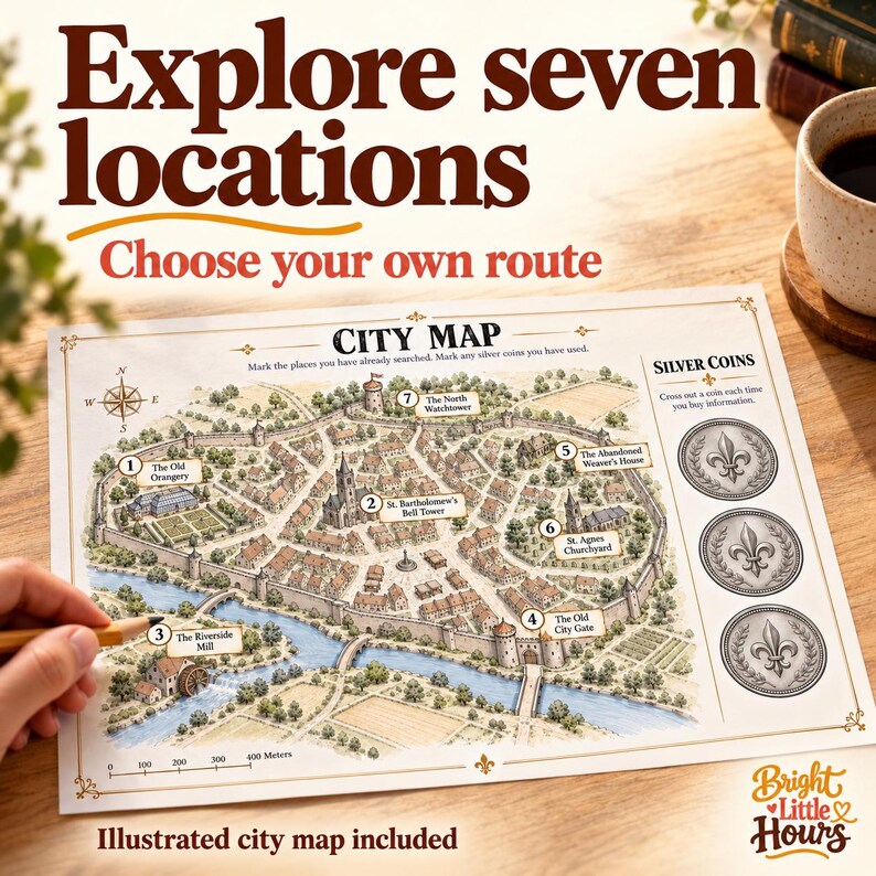 The illustrated city map shows seven numbered investigation locations and three printed silver coins. A hand points toward the riverside mill with a pencil.