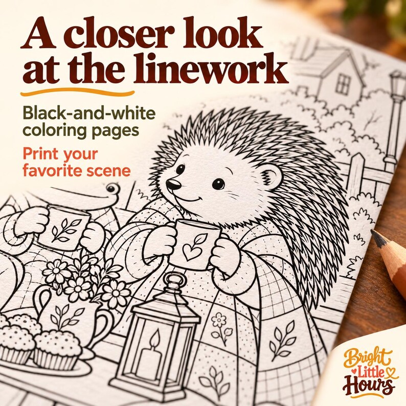 Close-up mockup of black-and-white line art showing a porcupine holding a mug beside a lantern, with patterned clothing and small coloring details.