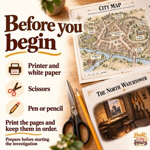 Scissors and a pencil lie beside cropped printed game pages. Text lists the required materials and instructs players to print the pages and keep them in order.