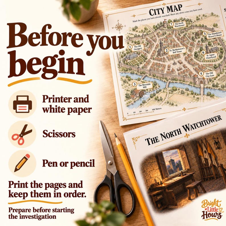 Scissors and a pencil lie beside cropped printed game pages. Text lists the required materials and instructs players to print the pages and keep them in order.
