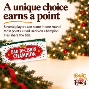 Scoring explanation beside a Bad Decision Champion rule-page detail: unique choices earn points, several players can score, and ties share the title.