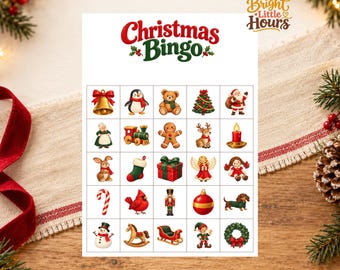 Op de afbeelding: Een kerstbingo-spelkaart met de tekst "Christmas Bingo" en "Bright Little Hours" bovenaan. Het raster bevat vijfentwintig kleurrijke illustraties van vakantie-iconen, waaronder een bel, pinguïn, beer, boom, kerstman, trein, peperkoekman, rendier, kaars, konijn, kous, cadeau, engel, pop, zuurstok, kardinaal, notenkraker, ornament, hond, sneeuwpop, hobbelpaard, slee, elf en krans.