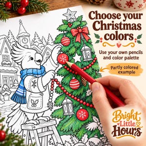An adult hand uses a red pencil on a partly colored cockatoo Christmas tree scene. The image labels the colored preview as an example.
