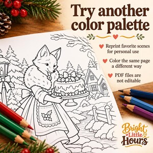 Fox Christmas cake coloring preview beside two groups of colored pencils, illustrating different palettes and reprinting favorite scenes for personal use.