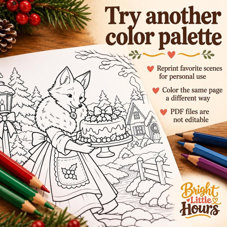 Fox Christmas cake coloring preview beside two groups of colored pencils, illustrating different palettes and reprinting favorite scenes for personal use.