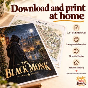 Cropped Black Monk cover and city map beside information about A4 and US Letter PDFs, English text, personal use and digital delivery without a physical item.