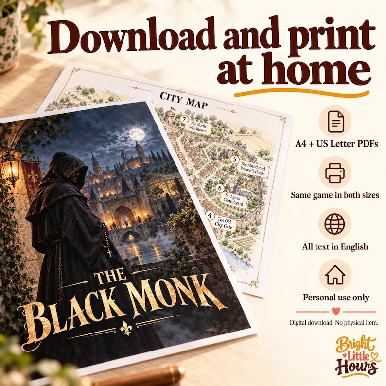 Cropped Black Monk cover and city map beside information about A4 and US Letter PDFs, English text, personal use and digital delivery without a physical item.
