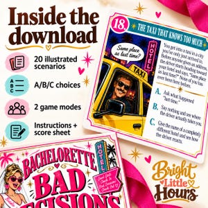 Cream, pink and teal graphic showing the Bad Decisions cover and taxi scenario. Text lists 20 illustrated scenarios, A/B/C choices, two game modes, instructions and a score sheet.