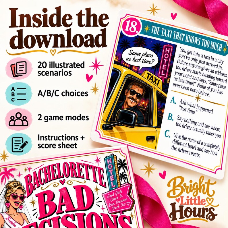 Cream, pink and teal graphic showing the Bad Decisions cover and taxi scenario. Text lists 20 illustrated scenarios, A/B/C choices, two game modes, instructions and a score sheet.