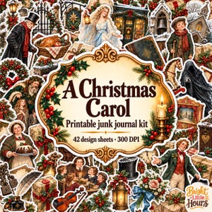 Könnte beinhalten: Ein druckbares Junk-Journal-Set mit dem Titel A Christmas Carol, das 42 Designbögen mit 300 DPI enthält. Das zentrale Etikett ist von viktorianischen Illustrationen umgeben, darunter Figuren, ein Truthahn, eine Geige, Geschenke und Stechpalmen.